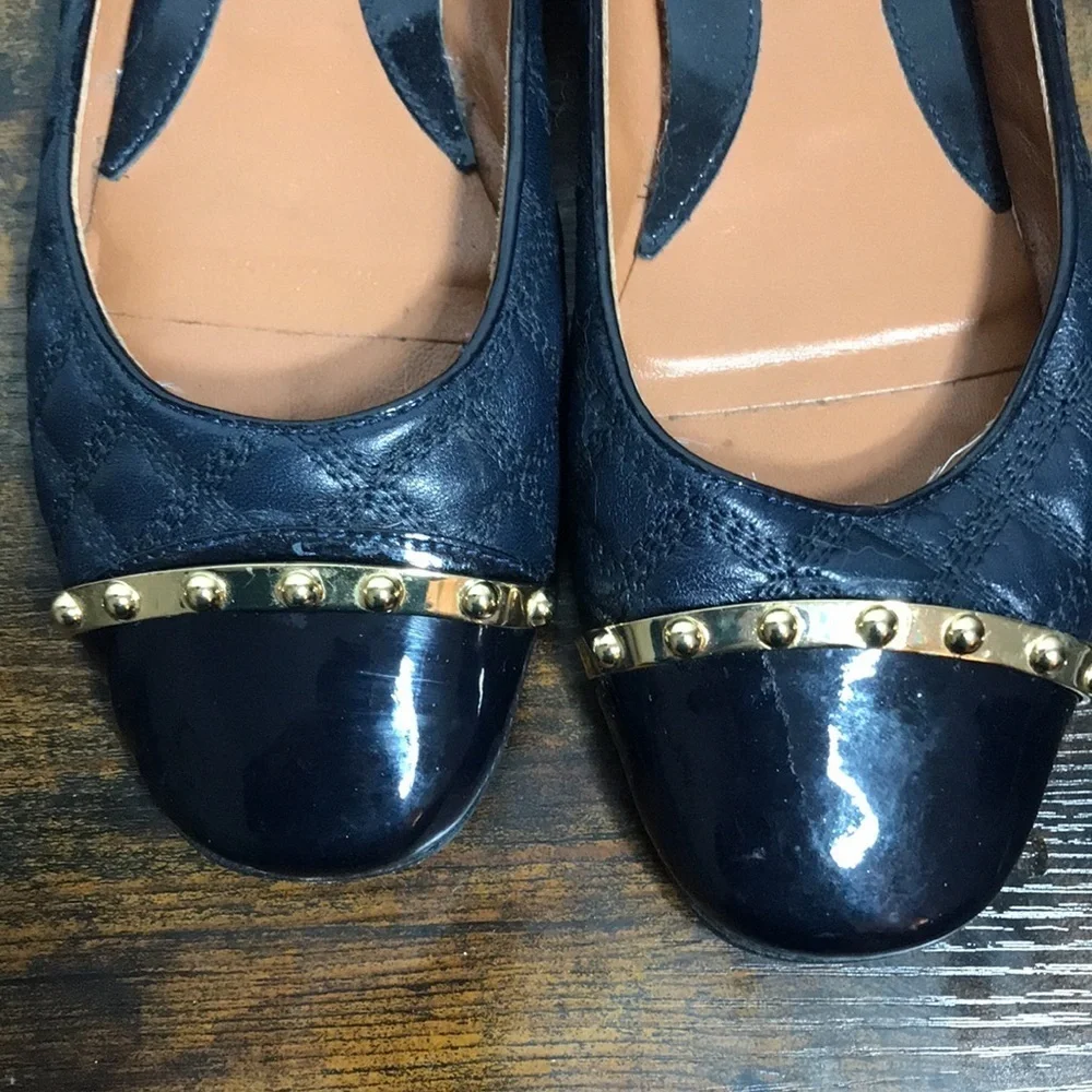 Vintage Napoleoni Navy Leather Quilted Gold Heels Ballet Flats Made in Italy - Picture 6 of 10